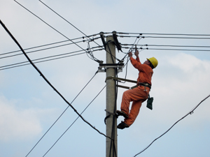 Công nhân Điện lực Cao Phong sửa chữa, nâng cấp hệ thống lưới điện nông thôn tại xóm, bản đáp ứng tiêu chuẩn trên địa bàn xã Tân Phong.